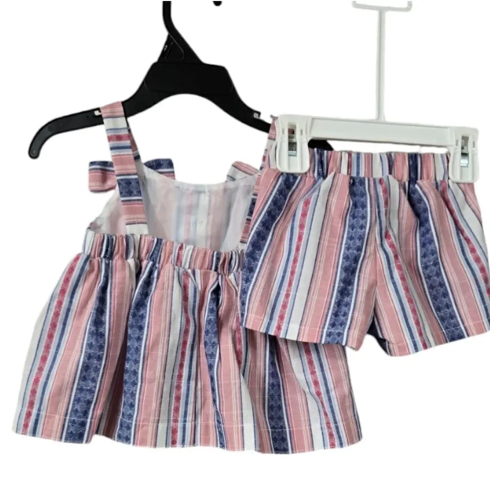 Bonnie Baby Americana Bow Stripe Woven 2pc Matching Short Set Girls Outfit 12M